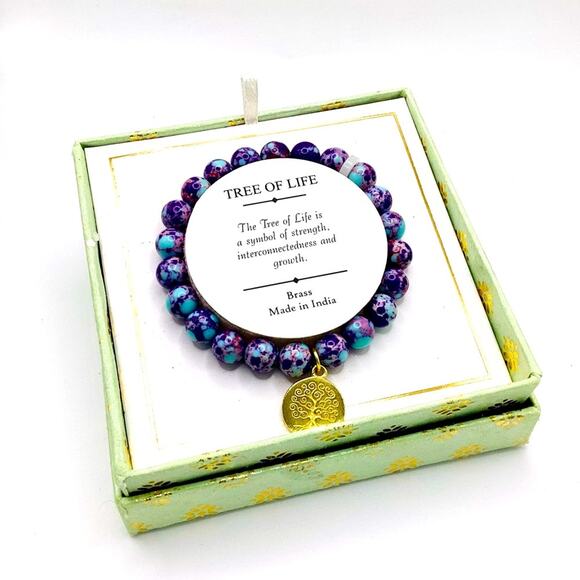 Shivam Tree of Life Purple Beaded Brass Bracelet - Picture 4 of 9